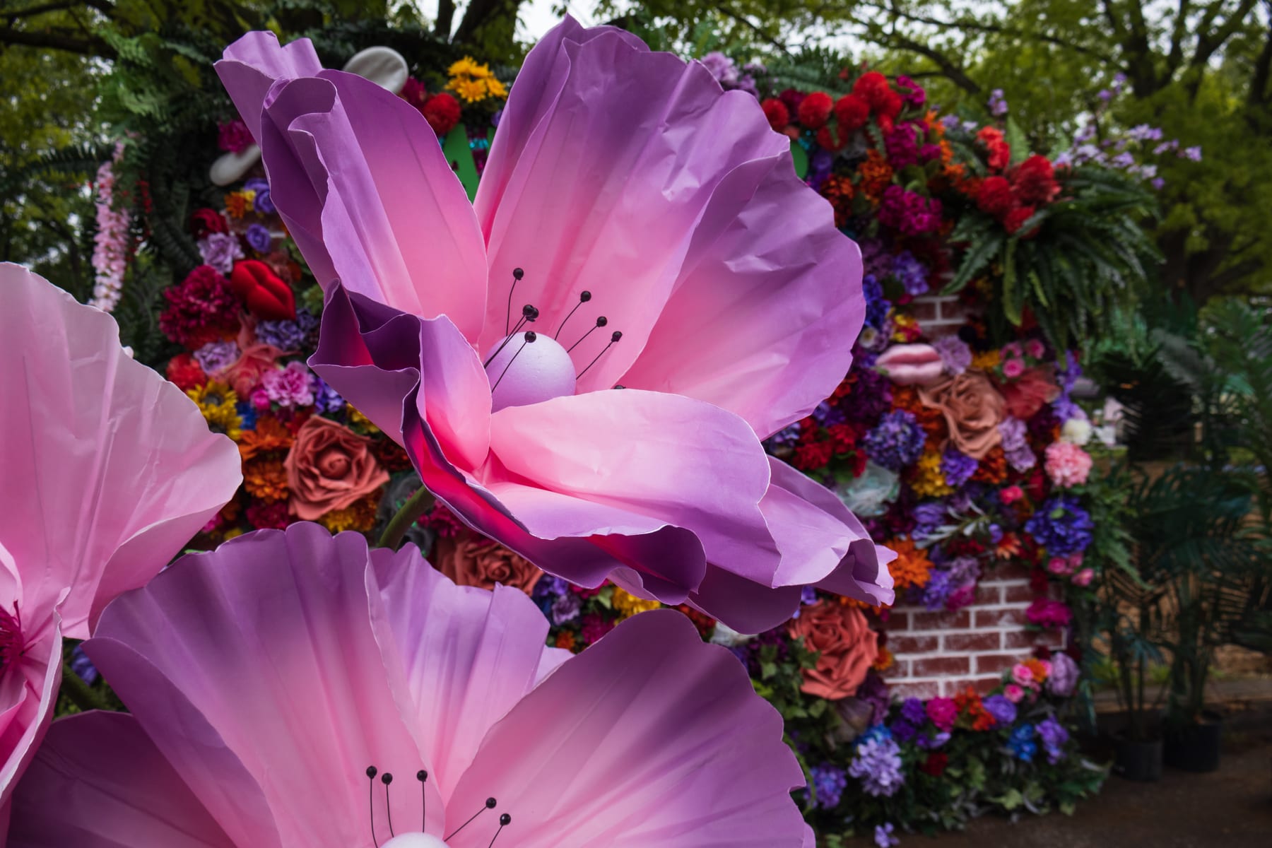 Close-up of oversized sculptural paper flowers